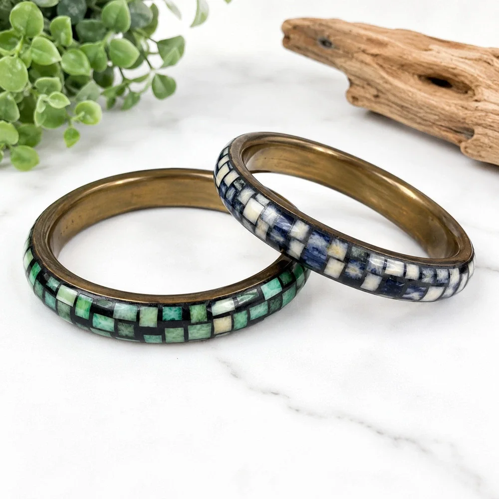 Mosaic Inlay Stone Tile Bangle Bracelet Pair Brass Tone Green Cream Southwestern
